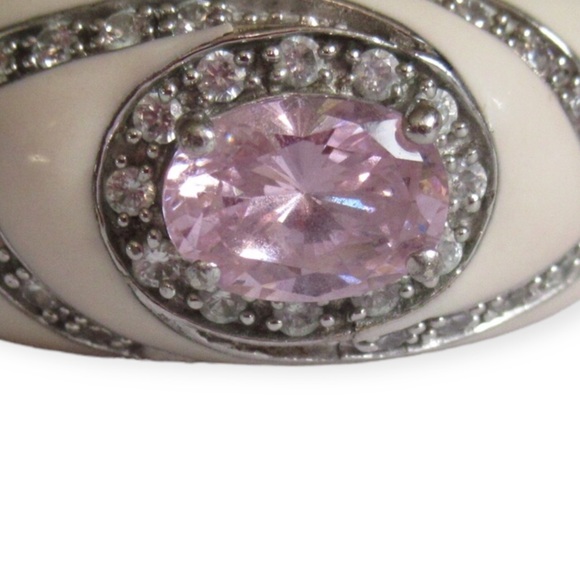 CZ And White Enamel Ring Pink Cubic Zirconia Sterling Silver - Picture 5 of 8